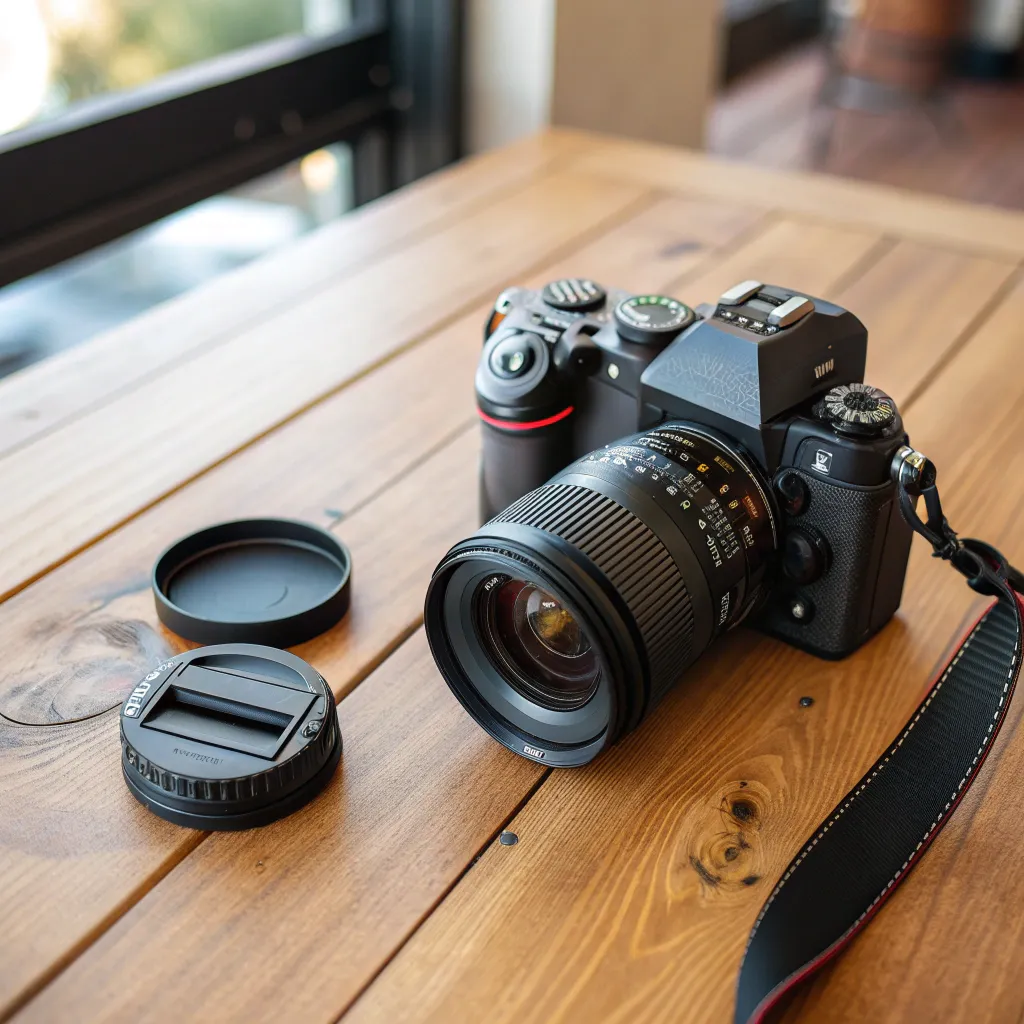 A professional DSLR camera on a wooden table